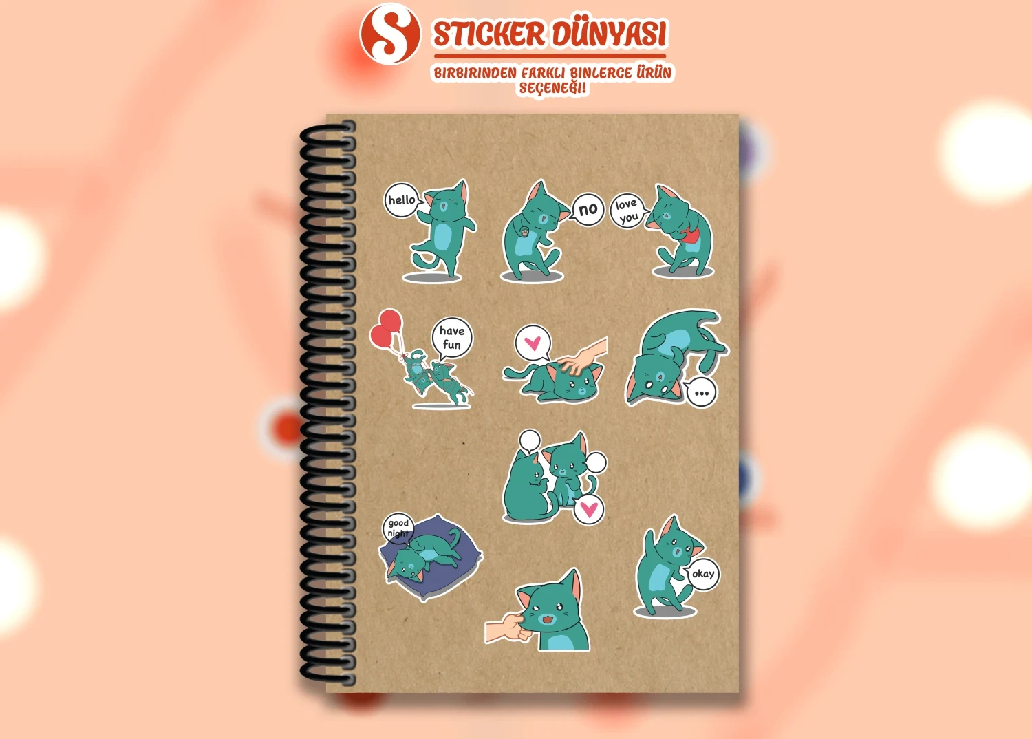 Sevimli Kedi Temalı Sticker Koleksiyonu (Yeşil-Kedi1) görsel 3